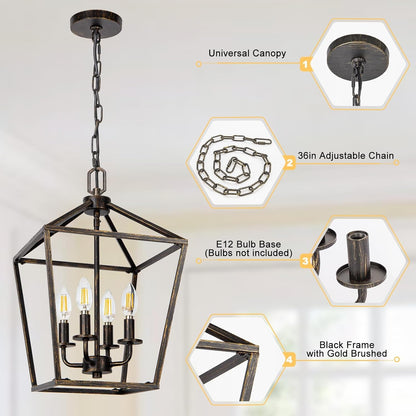 4 Light Chandelier Lighting, Industrial Ceiling Light Black Lantern