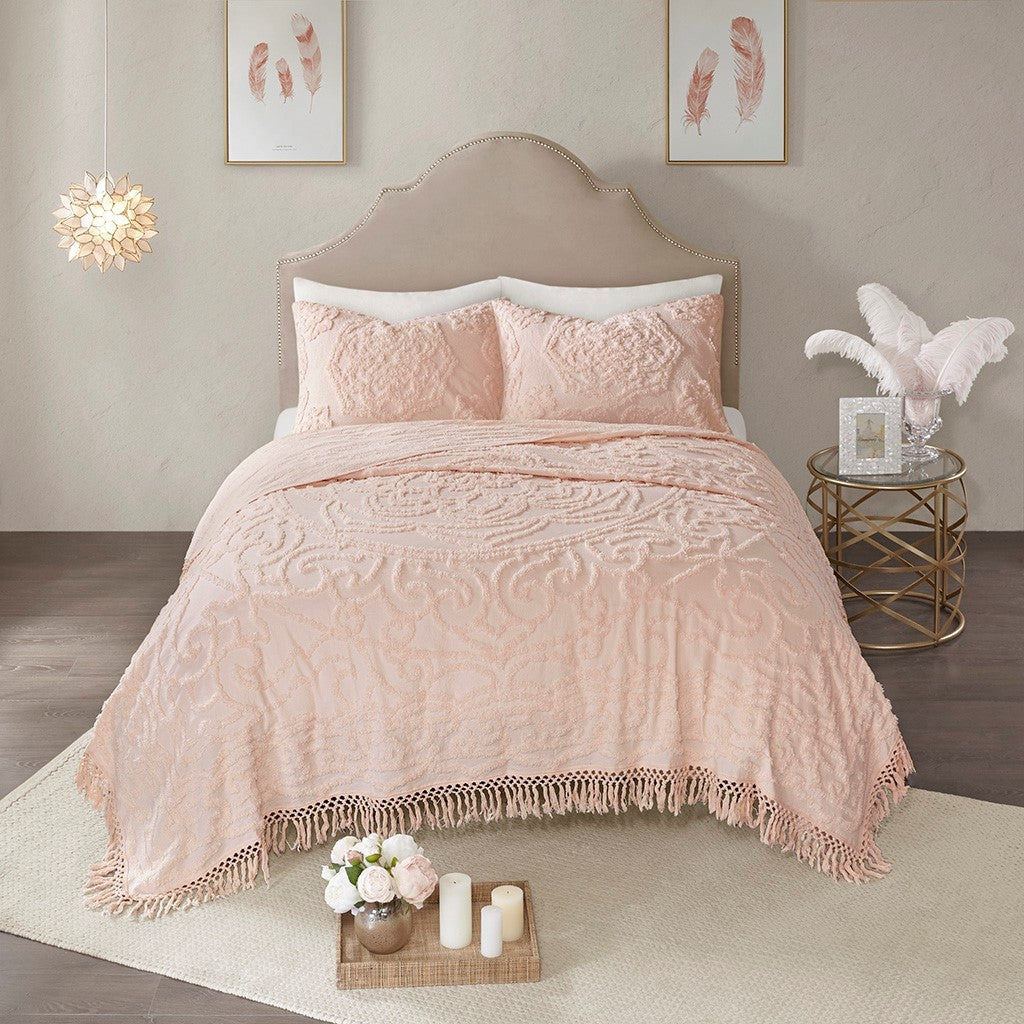 Tufted Cotton Chenille Medallion Fringe Coverlet & Comforter Bedding Set