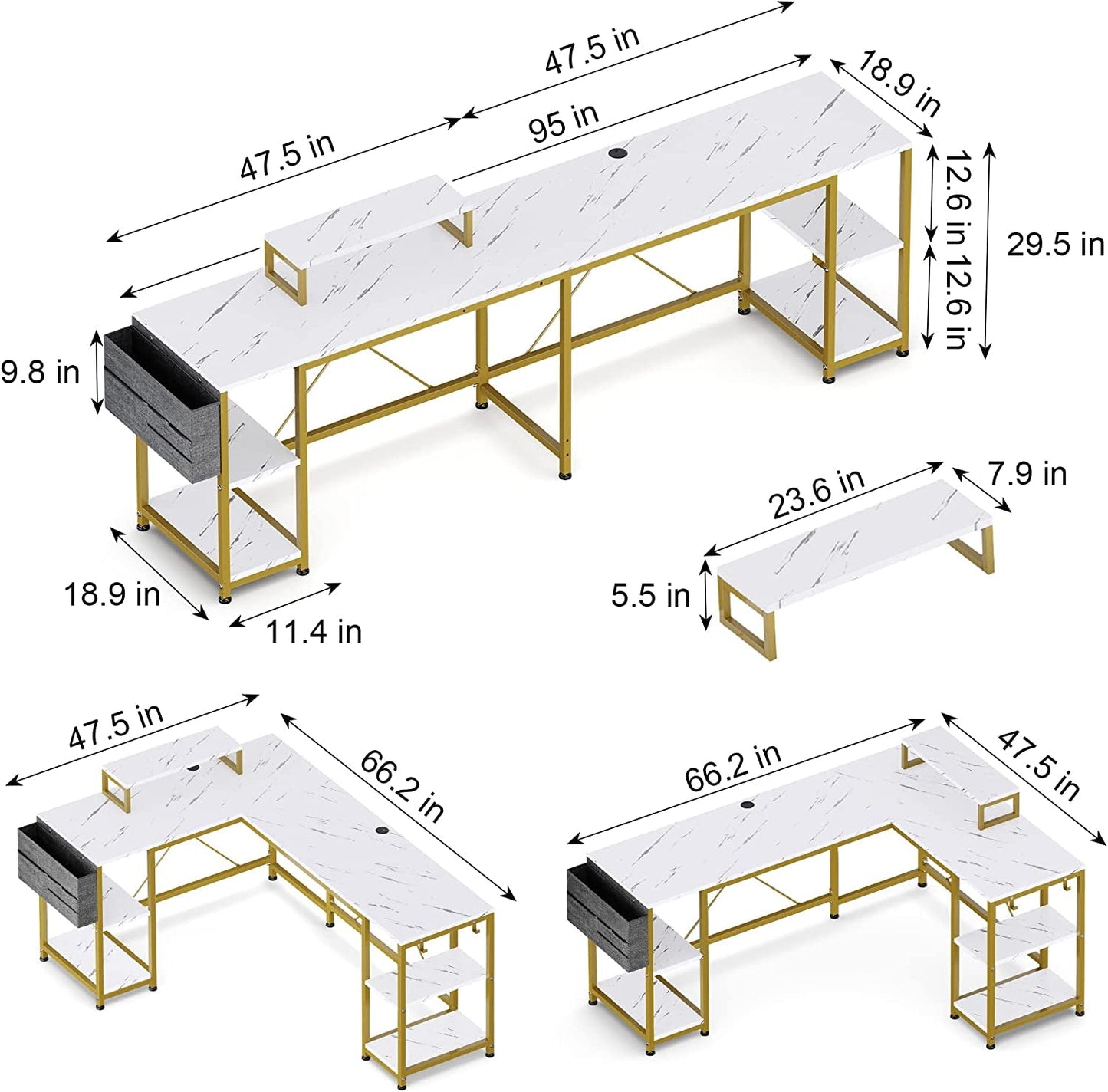95″ Reversible L-Shaped Desk with Storage and Accessories