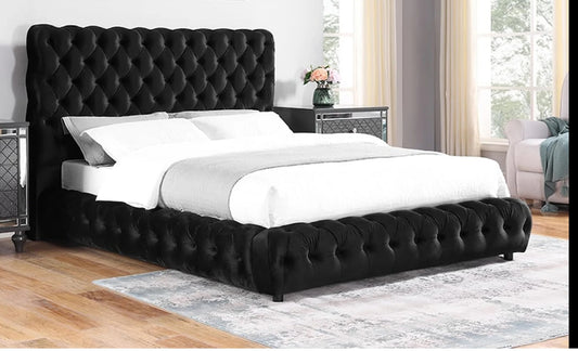 1pc Contemporary Upholstered Queen Bed Tufted Headboard and Footboard Wooden Luxury Glam Bedroom Furniture Black