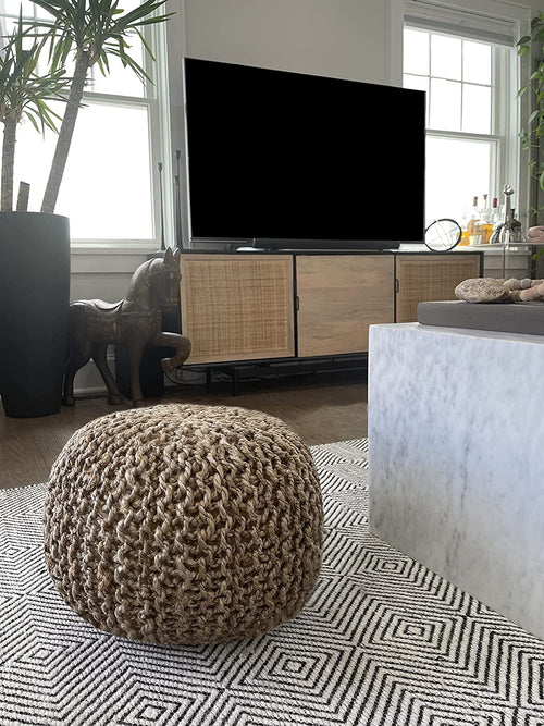 Natural Jute Braided Pouf Ottoman - Versatile Footrest