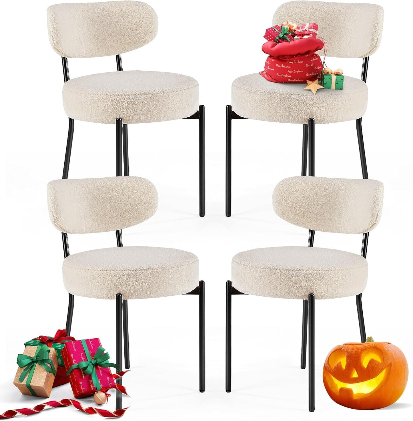 Dining Chairs Set of 4, Boucle Upholstered Kitchen Chairs with Curved