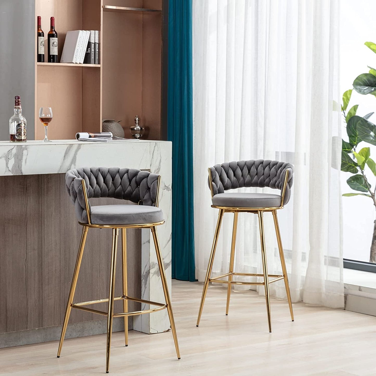 Gray Velvet Woven Backrest Barstool Set - Comfortable & Stylish