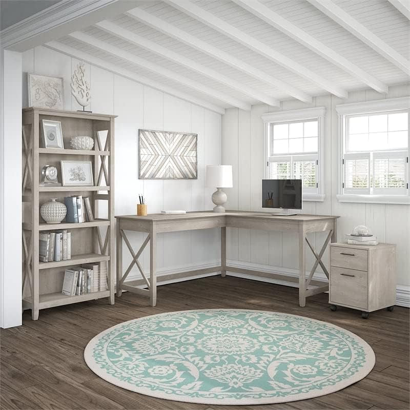 Key West L-Shaped Desk with Mobile File Cabinet for Home Office Workspace