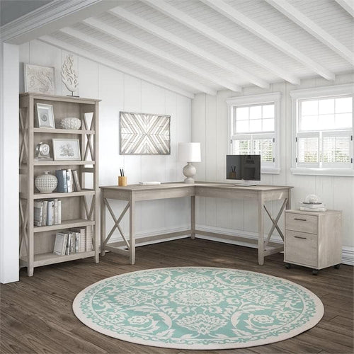 Key West L-Shaped Desk with Mobile File Cabinet for Home Office Workspace