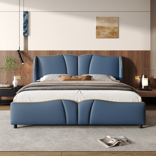 King Size Leather Upholstered Bed Frame, Modern Bed Frame with Wingback Head board, Upholstered Platform Bed with Wavy Footboard, No Spring Box Needed, Antique Blue