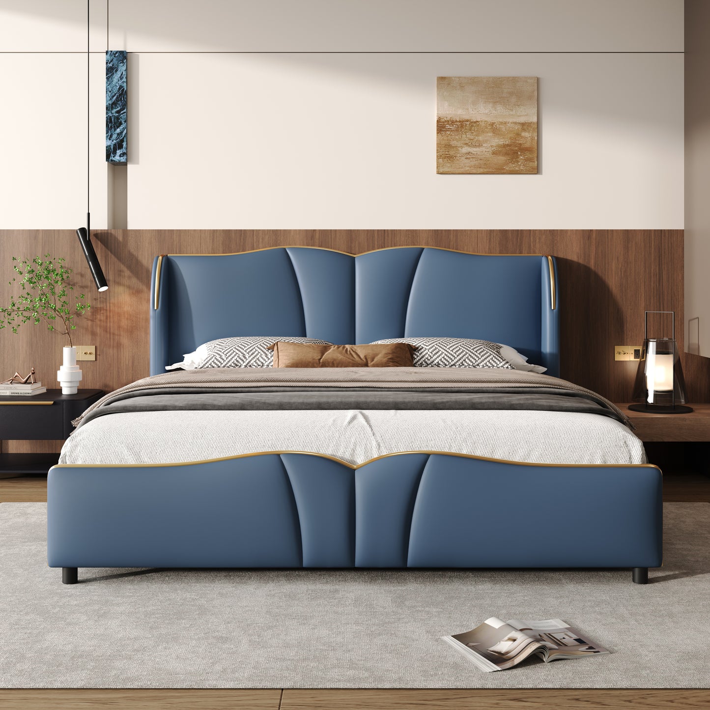 Queen Size Leather Upholstered Bed Frame, Modern Bed Frame with Wingback Head board, Upholstered Platform Bed with Wavy Footboard, No Spring Box Needed, Antique Blue