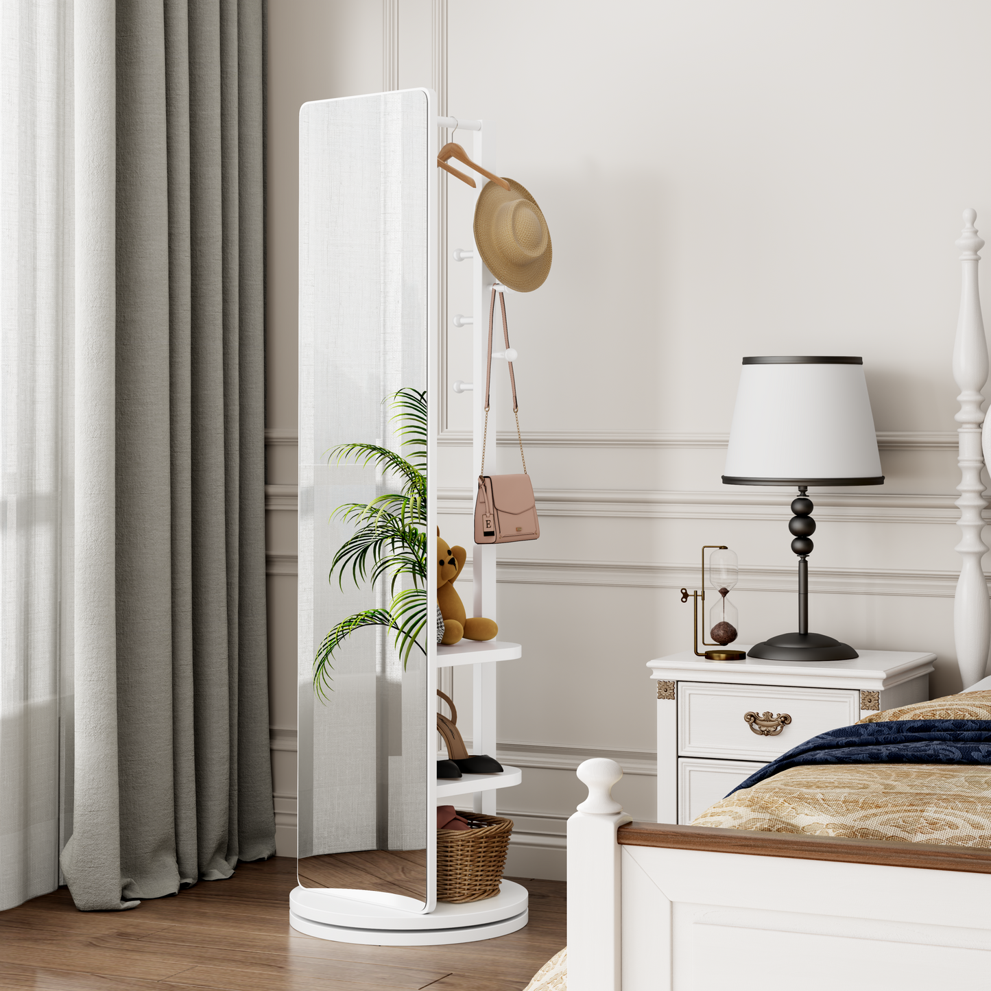 360° Rotating 69'x16' Multifunctional Full Length Mirror with Hook Storage Rack Coat Rack with Mirror Solid Wood Floor Mirror Bedroom Living Room Cloakroom Space Saving (white)