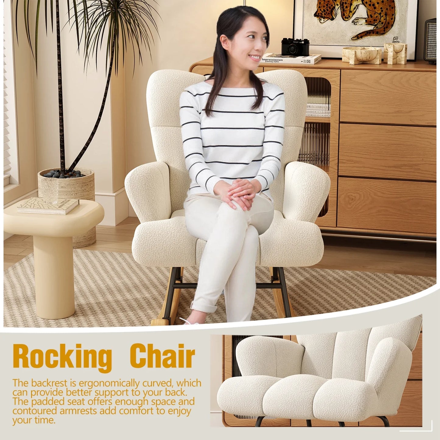 Glider Rocking Chair Nursery, Comfy Accent Chair Armchair with High Backrest Teddy Soft Upholstered Living Room Chairs for Reading Bedroom Living Room Home Office (Milky White)