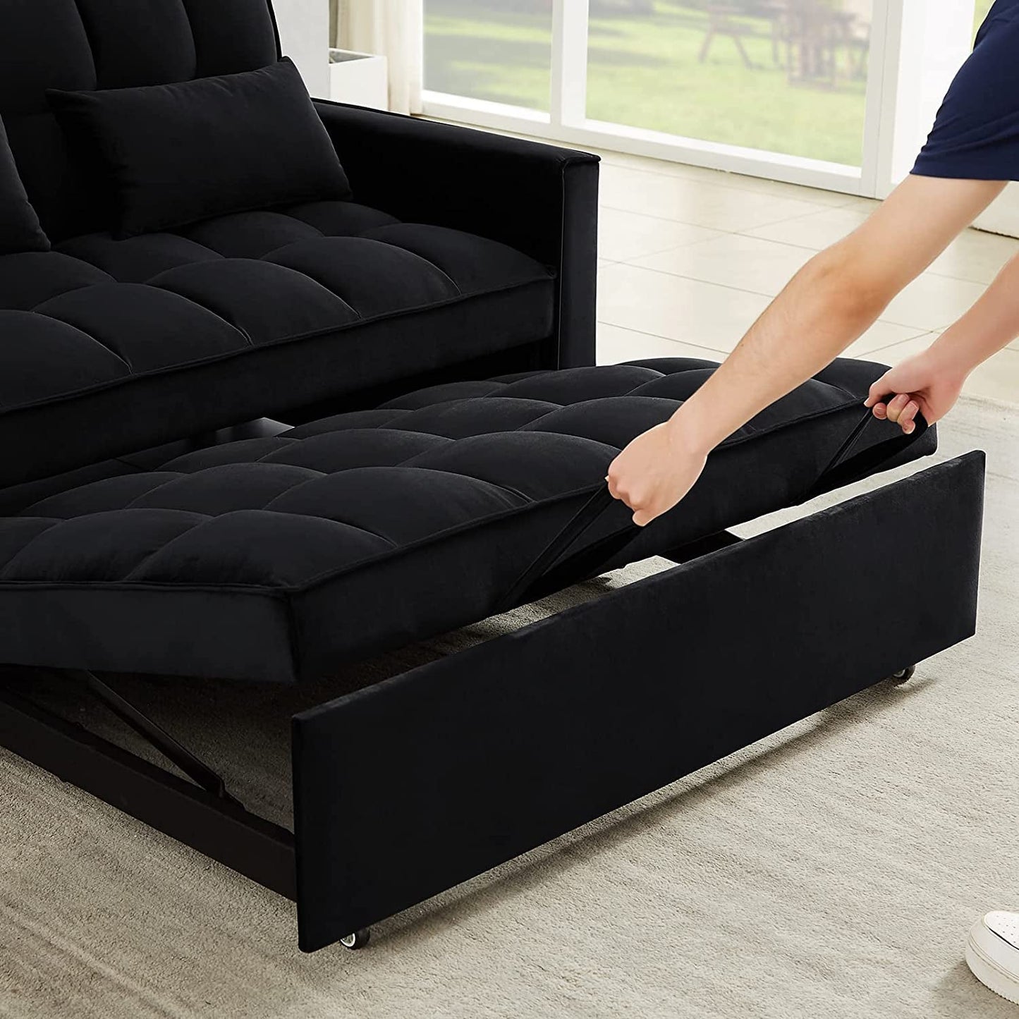 Modern Black Convertible Sofa Bed with Reclining Backrest