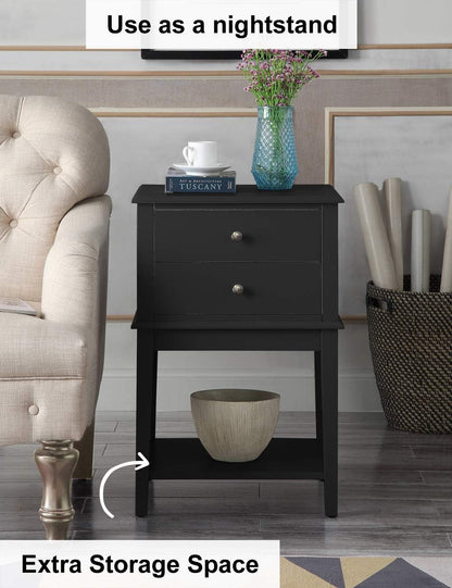 Black Nightstand with 2 Drawers for Bedrooms Tall 28", Big Wooden Bed Night Stand, Large Modern 19" Side End Table for Living Room