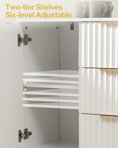 White Sideboard Cabinet with 3 Drawers, Glossy Fluted Buffet Storage