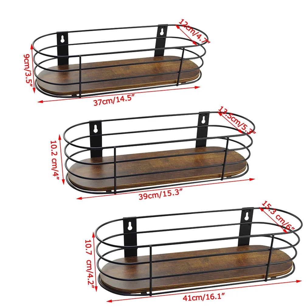 Oval Floating Wall Shelves Set of 3, Multiple Size Rustic Brown Hanging Shelf with Black Metal for Bedroom Bathroom Kitchen Living Room