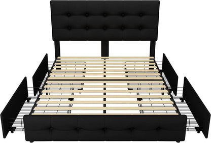 Queen Bed Frame with 4 Storage Drawers, Adjustable Headboard, Wooden
