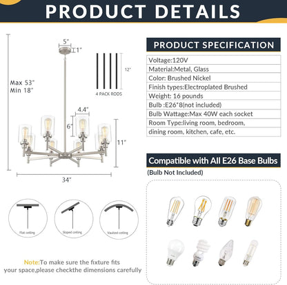 Brushed Nickel Chandeliers for Dining Room Light Fixture over Table, 8