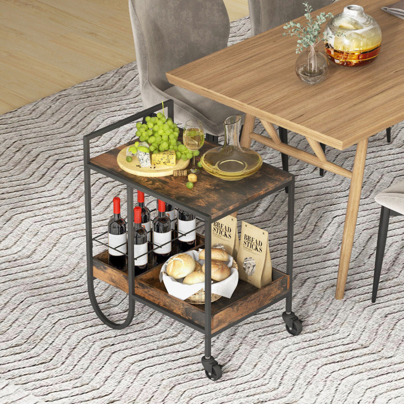 Rolling Buffet Serving Cart with Removable Metal Wire Wine Rack