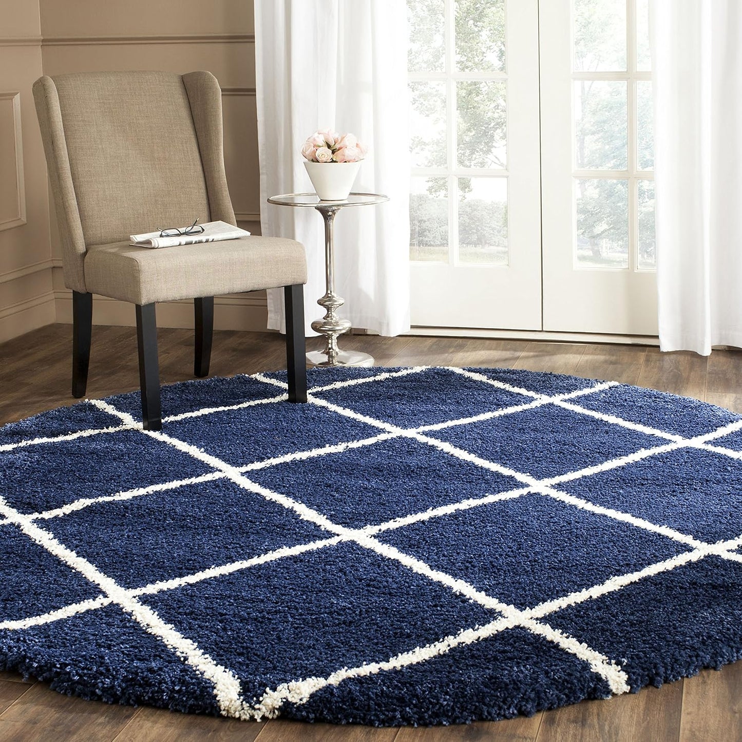 SAFAVIEH Hudson Shag Collection Area Rug - 7' Square, Beige & Ivory, Modern Trellis Design, Non-Shedding & Easy Care, 2-Inch Thick Ideal for High Traffic Areas in Living Room, Bedroom (SGH281S)