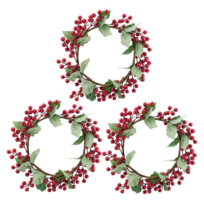 Set of 3, 13' Red Berry Wreath Accented With Green Holly Leaves