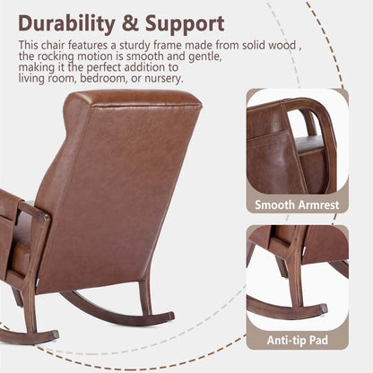 Nursery Rocking Chair Mid-Century Modern Chair with Ottoman Leather Arm Chair High Back with Side Pocket Comfy Glider Rocker Chair for Living Room Baby Room Bedroom (Brown PU Leather)