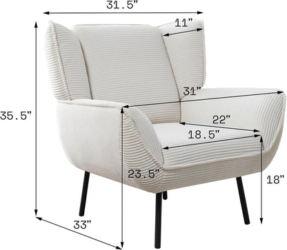 Chair Set- Upholstered Living Room Chair with High Wingback, White Corduroy Chair Set of 3