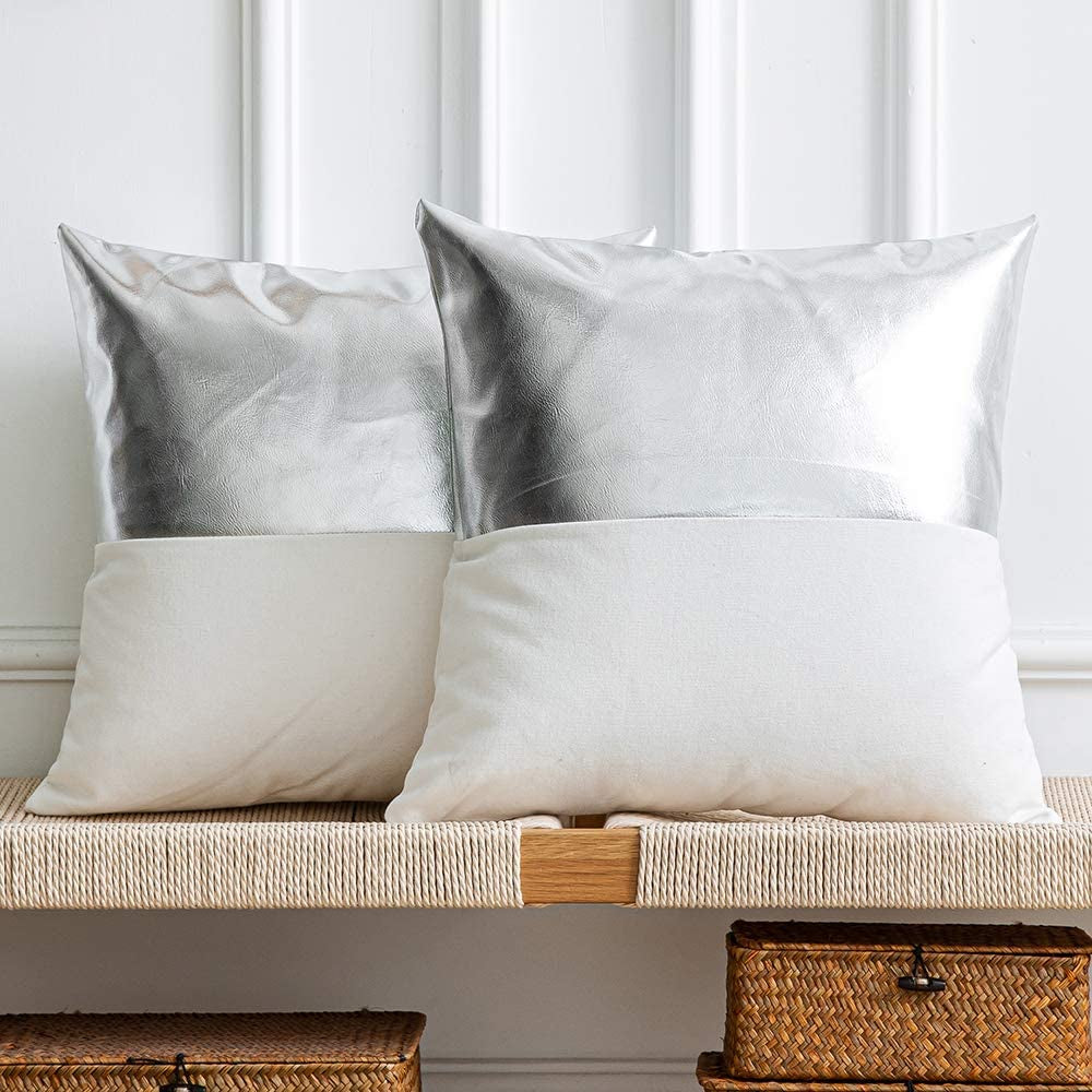 DEZENE Leather Throw Pillow Covers, Set of 2 Modern Leather/Cotton Decorative Pillowcases for Home Decor Bedroom Living Room Couch Bed Sofa, 18X18 Inch, Cognac-Brown and White