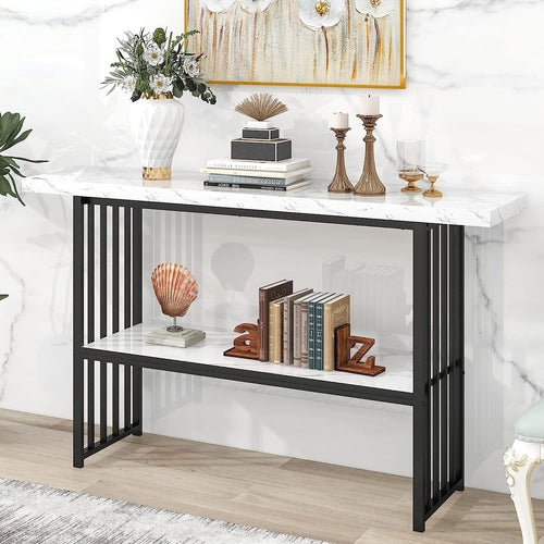Contemporary Marble Top Console Table with Storage Shelf