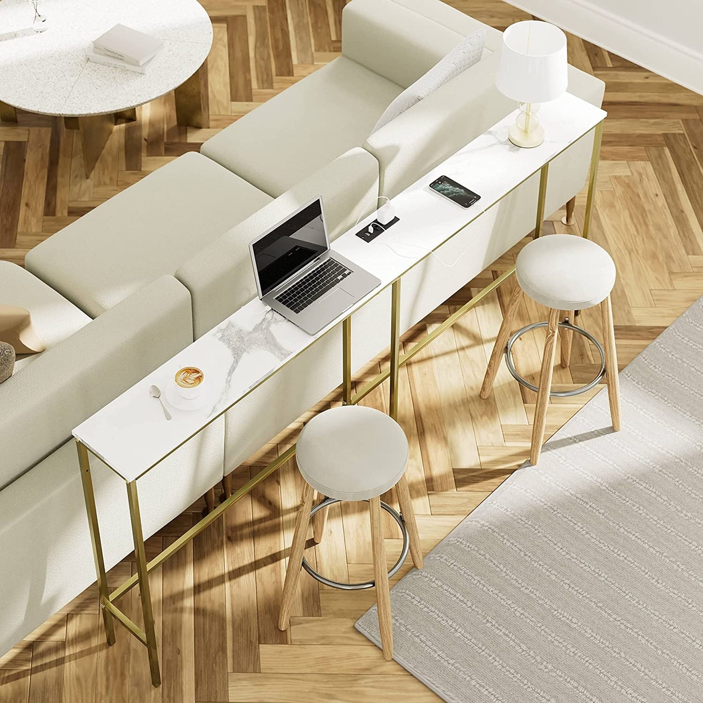 Modern Console Table with Power Outlet and Gold Frame