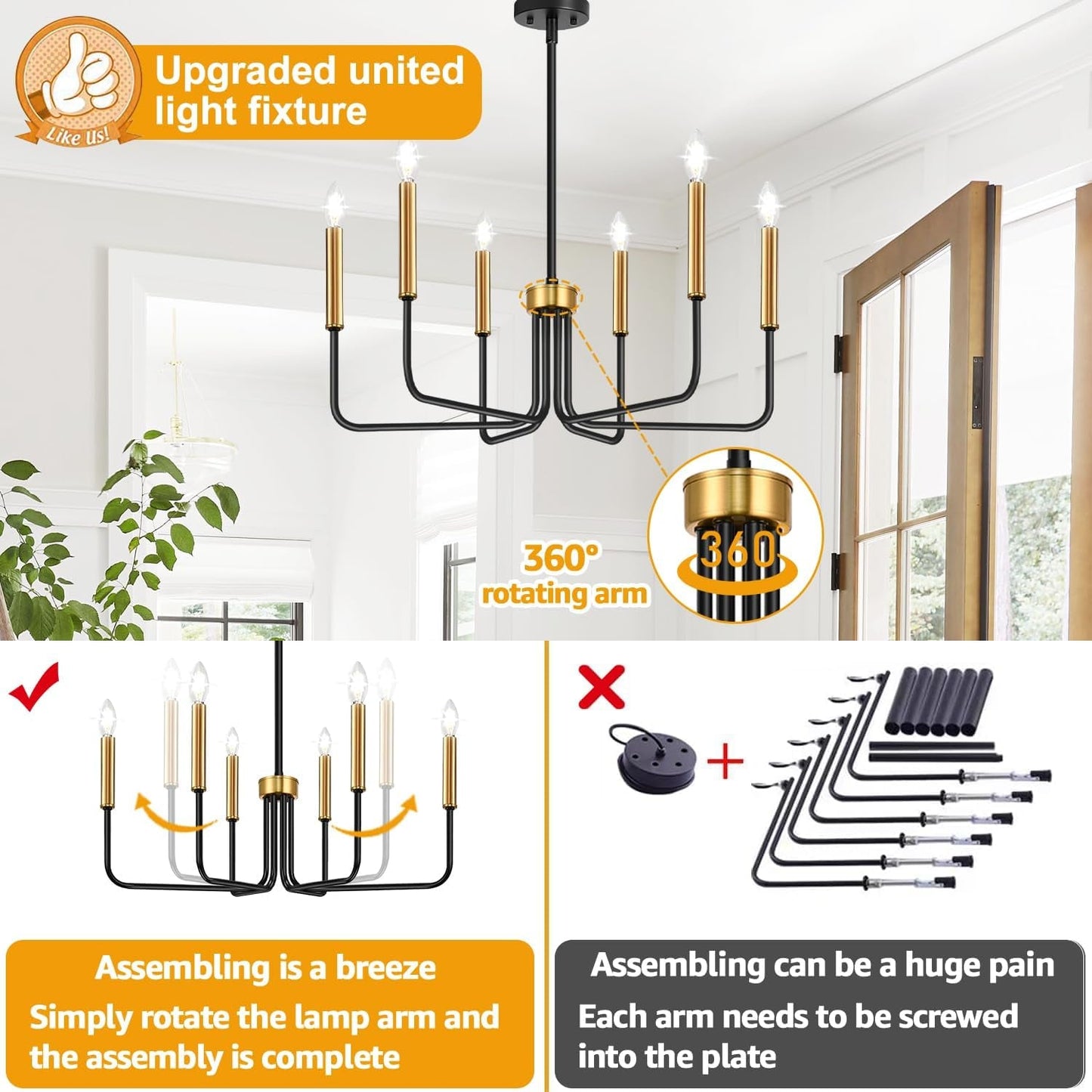 Black and Gold Chandelier, 6-Light Farmhouse Chandelier for Dining