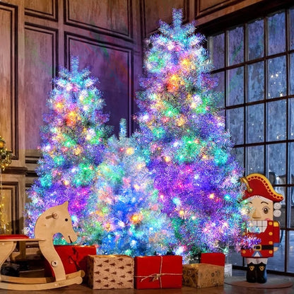 7.4FT, 6FT, 4FT Silver Pre-lit Artificial Hinged Christmas Tree Set,