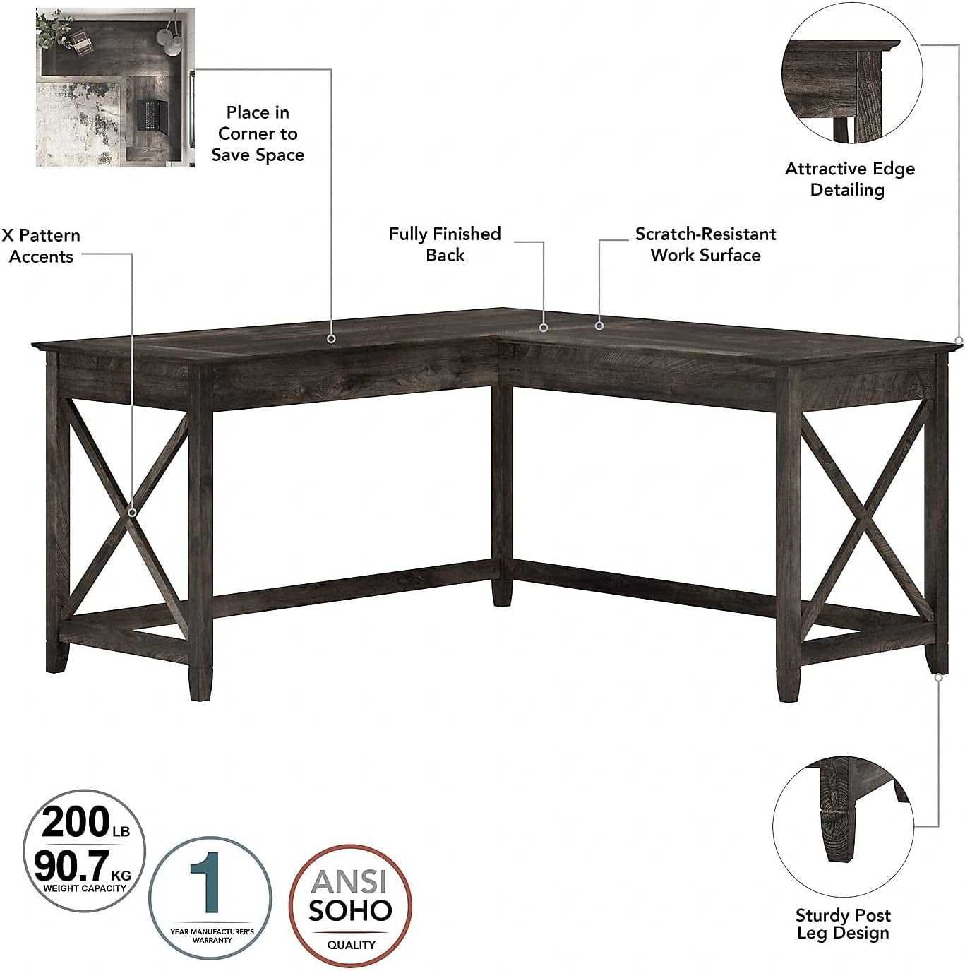 Key West L-Shaped Desk with Mobile File Cabinet for Home Office Workspace