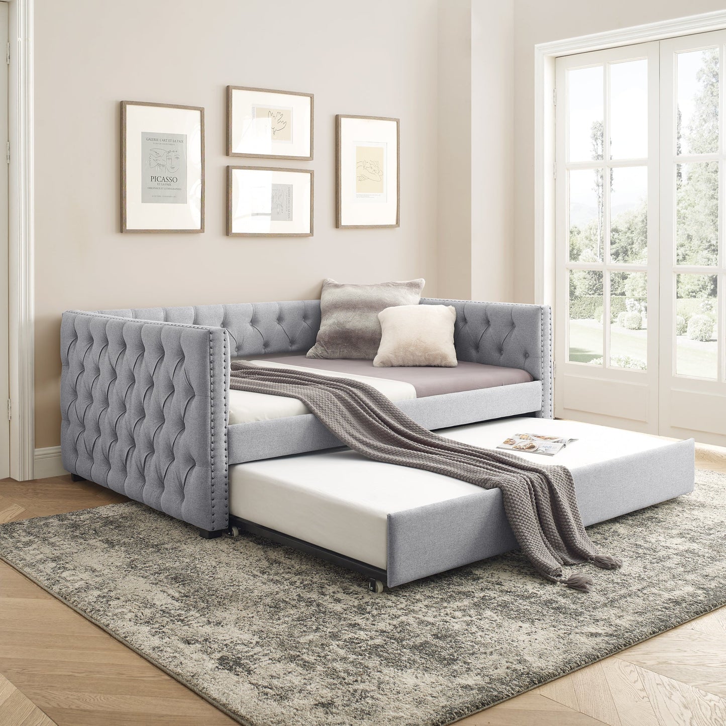 Upholstered Tufted Daybed Sofa Bed with Trundle and Convertible Design
