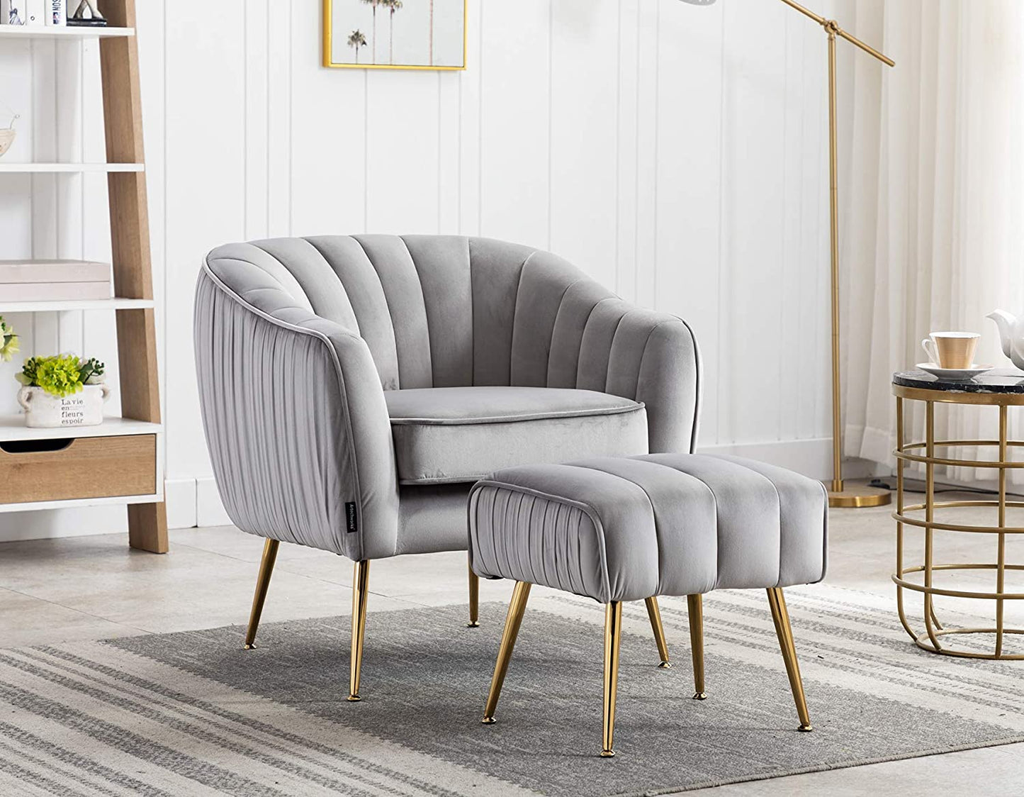 Artechworks Velvet Modern Tub Barrel Arm Chair Upholstered Tufted with Gold Metal Legs Accent Club Chair with Ottoman Footrest for Living Reading Room Bedroom, Grey