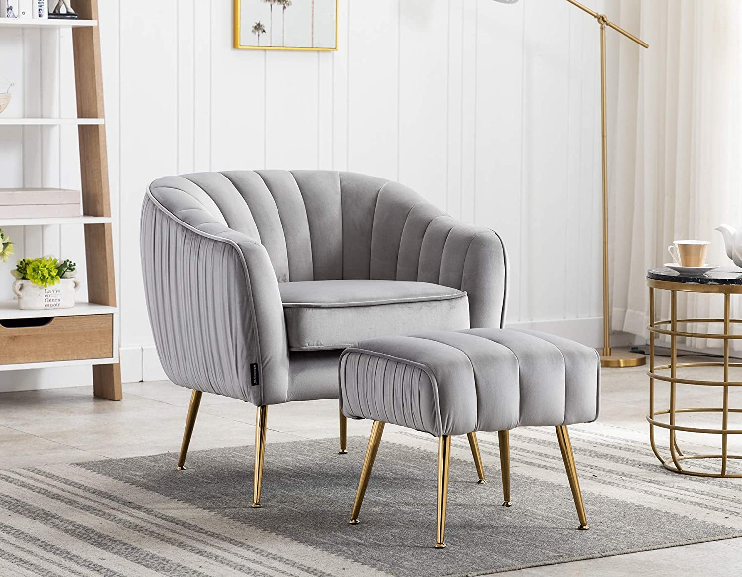 Artechworks Velvet Modern Tub Barrel Arm Chair Upholstered Tufted with Gold Metal Legs Accent Club Chair with Ottoman Footrest for Living Reading Room Bedroom, Grey