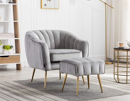 Artechworks Velvet Modern Tub Barrel Arm Chair Upholstered Tufted with Gold Metal Legs Accent Club Chair with Ottoman Footrest for Living Reading Room Bedroom, Grey