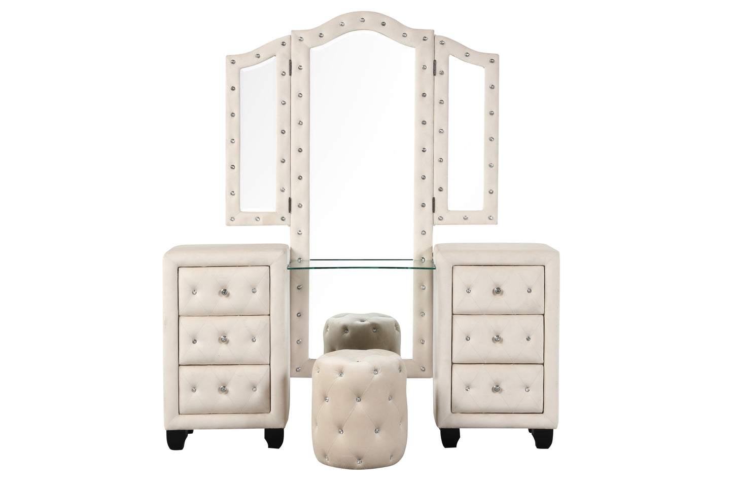 Modern Style Crystal Tufted Upholstered 6-Drawer Vanity Set with Stool