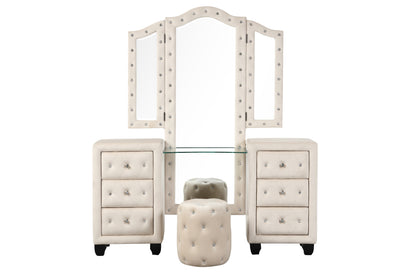 Modern Style Crystal Tufted Upholstered 6-Drawer Vanity Set with Stool