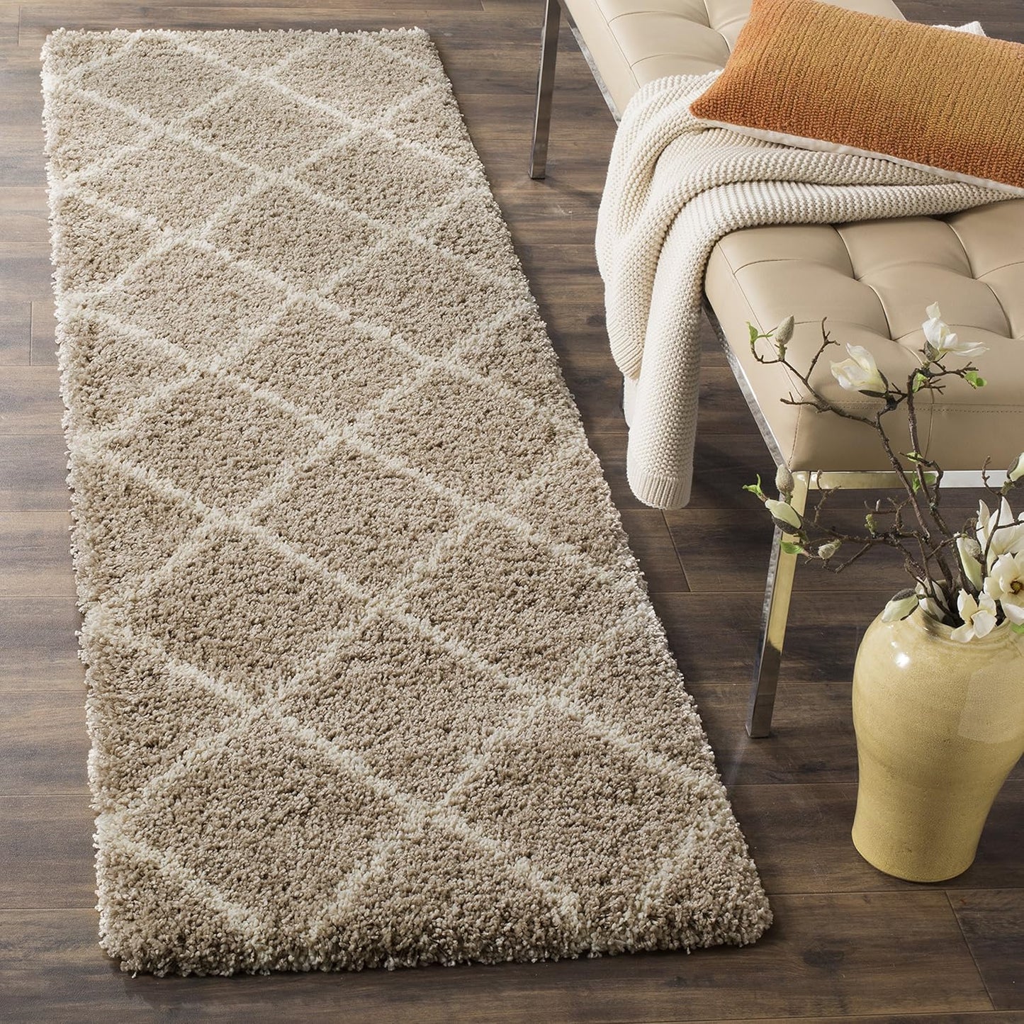 SAFAVIEH Hudson Shag Collection Area Rug - 7' Square, Beige & Ivory, Modern Trellis Design, Non-Shedding & Easy Care, 2-Inch Thick Ideal for High Traffic Areas in Living Room, Bedroom (SGH281S)