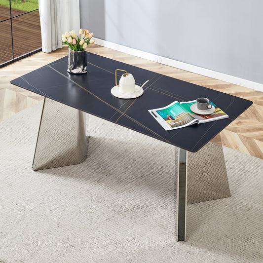Modern Black Marble-Patterned Dining Table with Stainless Steel Butterfly Legs, Scratch and Heat Resistant, 63'x31.5x30'