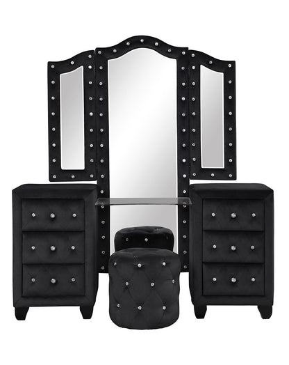 Modern Style Crystal Tufted Upholstered 6-Drawer Vanity Set with Stool