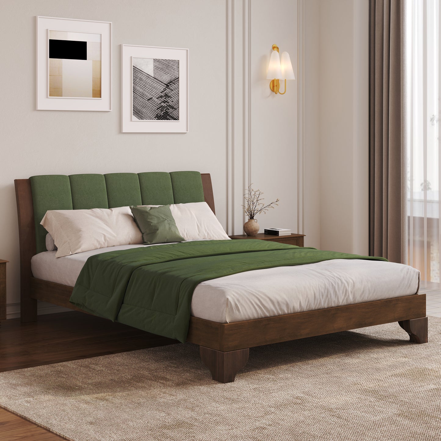 Premium Pine Wood Queen Bed Frame,Queen Size Bed Frame with Headboard Included,Mid Century Modern Bed,Walnut&Green Color