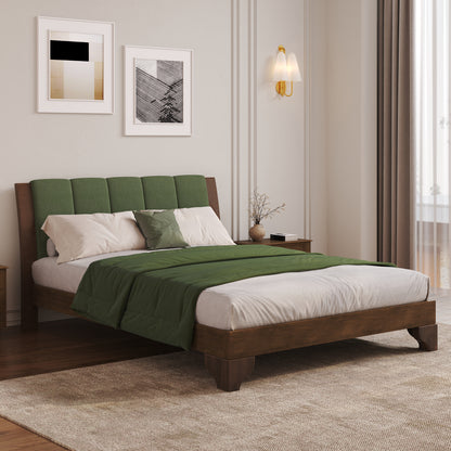 Premium Pine Wood Queen Bed Frame,Queen Size Bed Frame with Headboard Included,Mid Century Modern Bed,Walnut&Green Color