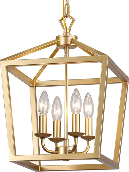 Gold Lantern Chandelier Hanging Pendant Light Fixture 4-Lights for