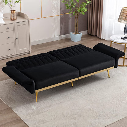 Black Velvet Convertible Sofa Bed with Metal Legs