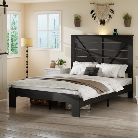 Full Bed Frame Headboard , Wood Platform Bed Frame , Noise Free,No Box Spring Needed and Easy Assembly Tool,Large Under Bed Storage, Black