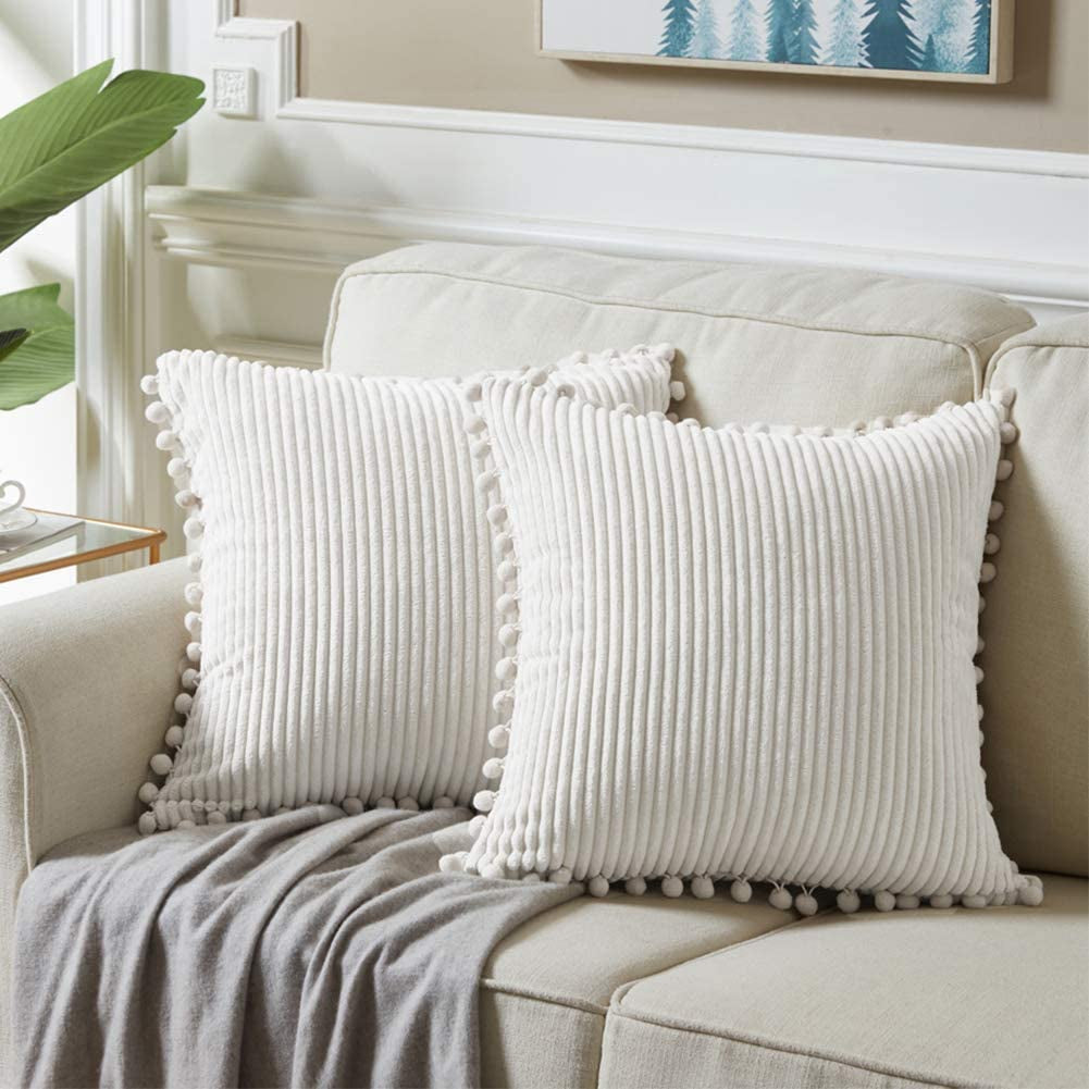 Fancy Homi Dark Gray Decorative Throw Pillow Covers 18X18 Inch with Pom Poms, Boho Farmhouse Home Decor, Soft Corduroy Accent Square Cushion Case for Living Room Couch Bed Sofa 45X45 Cm