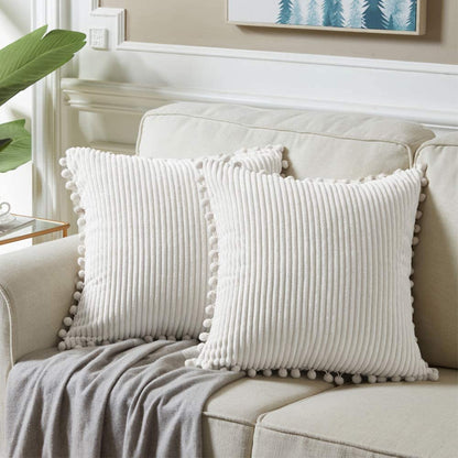 Fancy Homi Dark Gray Decorative Throw Pillow Covers 18X18 Inch with Pom Poms, Boho Farmhouse Home Decor, Soft Corduroy Accent Square Cushion Case for Living Room Couch Bed Sofa 45X45 Cm