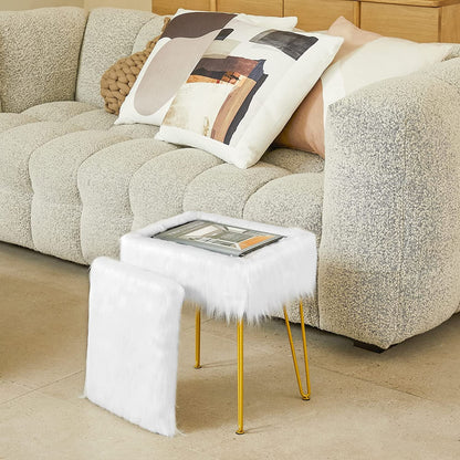 Fuzzy White Ottoman with Gold Legs