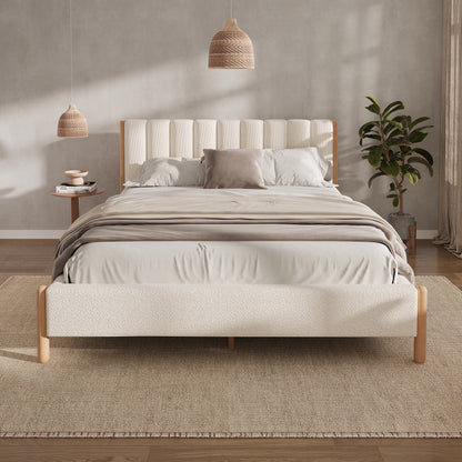 Bed Frame with Boucle Upholstered Thick Headboard and Solid Wooden Legs