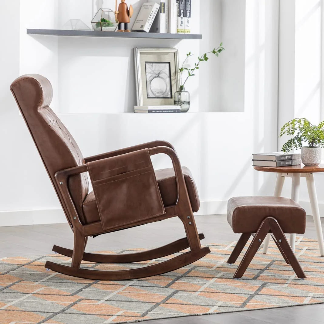 Nursery Rocking Chair Mid-Century Modern Chair with Ottoman Leather Arm Chair High Back with Side Pocket Comfy Glider Rocker Chair for Living Room Baby Room Bedroom (Brown PU Leather)