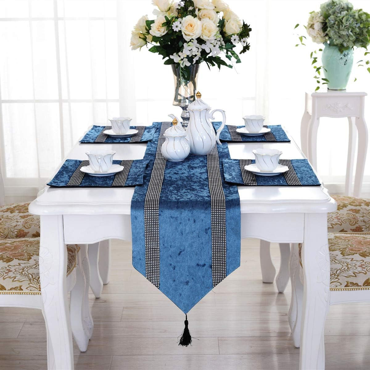13X72-Inches European Style Rhinestone Table Runner with Tassel Decoration for Party and Wedding, Grey